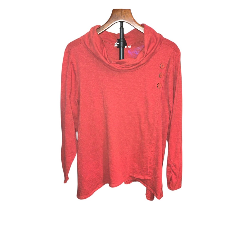 Habitat Cowl Neck Top Women XL Coral Red Slub Cotton Faux Wrap Side Button 27207